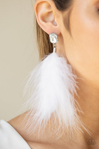 Paparazzi The Showgirl Must Go On! - White - Soft Feather - White Rhinestones - Earrings